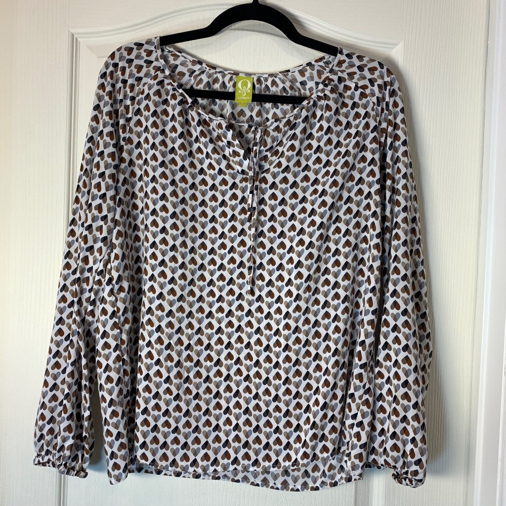 Heart Print Blouse White Brown Viscose Lightweight Size L - Qmack Romantic Layer